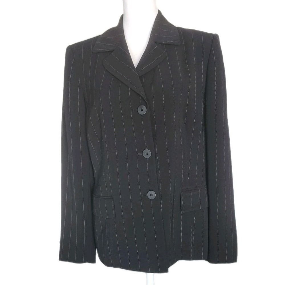Kasper Jacket Blazer Womens 14 Black Pinstripe Career Office C-Suite Fall Winter